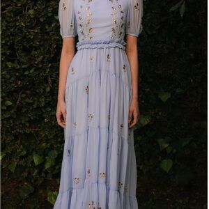 NWT Ivy City Co Folklore Dress in Blue and Gold Puff Sleeve Embellished